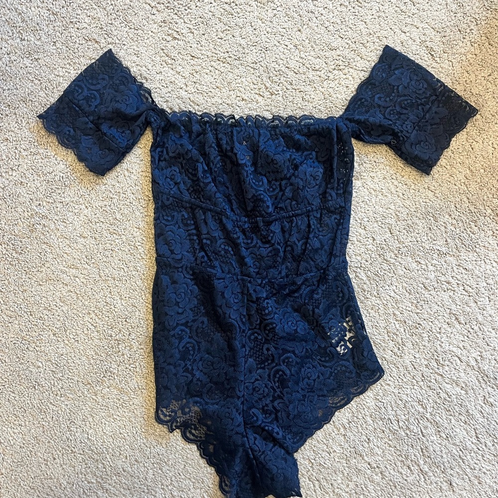 Elegant Navy Lace Off-Shoulder Bodysuit